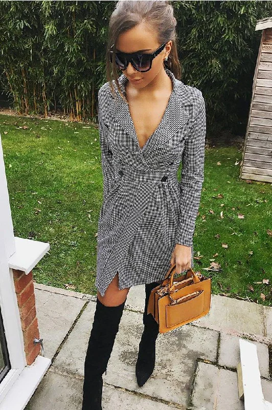 Black Gingham Print Button Detail Blazer Dress - Nora Cotton Blend Blazer