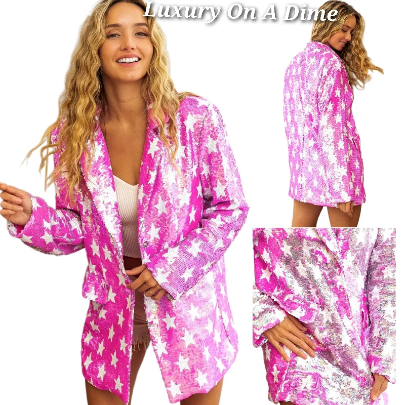 BiBi Sequin Barbiecore Pink Snap Star Glam Bling Collar Oversized Blazer Jacket Stand-Up Collar Roll-Neck Collar Turtle Neck BiBi Sequin Barbiecore Pink Snap Star Glam Bling Collar Oversized Blazer Jacket Stand-Up Collar Roll-Neck Collar Turtle Neck