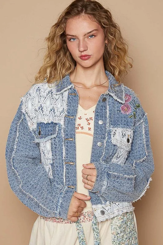 POL Peace Embroidered Floral Crochet Knit Patchwork Boho Button-up Jacket Cotton Jacket Linen Jacket Terry Jacket