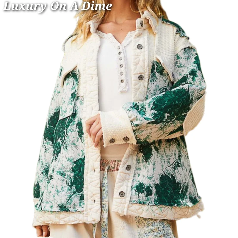 POL Quilted Patchwork Abstract Waffle Knit Exposed Raw Seam Oversized Jacket Nylon Jacket Polyester Jacket Spandex Jacket