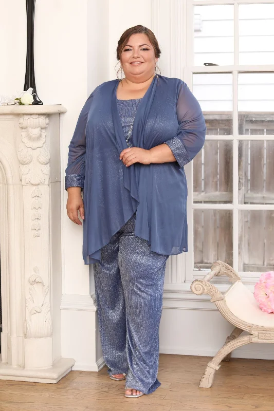 Women Plus Size Crinkle Pantsuit with Mesh Chiffon Jacket and Necklace Set Plaid Jacket Tartan Jacket Houndstooth Jacket