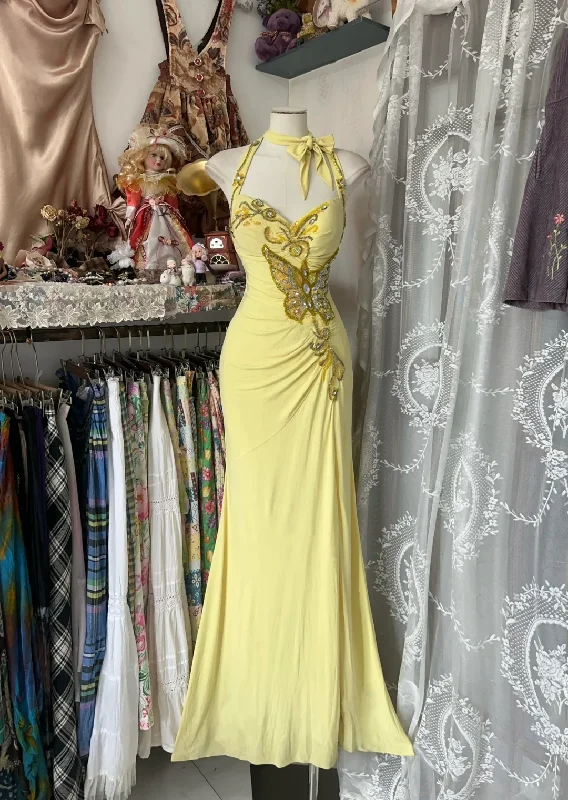 Yellow Halter Sweetheart Mermaid Vintage Long Party Dress Evening Dress, DP4560 Crew Neckline Sporty Yellow Halter Sweetheart Mermaid Vintage Long Party Dress Evening Dress, DP4560 Crew Neckline Sporty