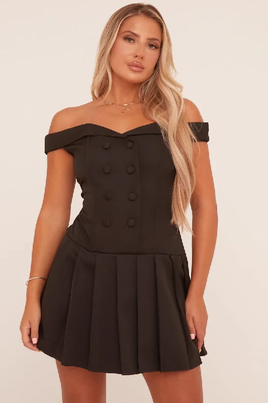 Black Bardot Pleated Tailored Blazer Dress - Elmina Linen Women's Suit