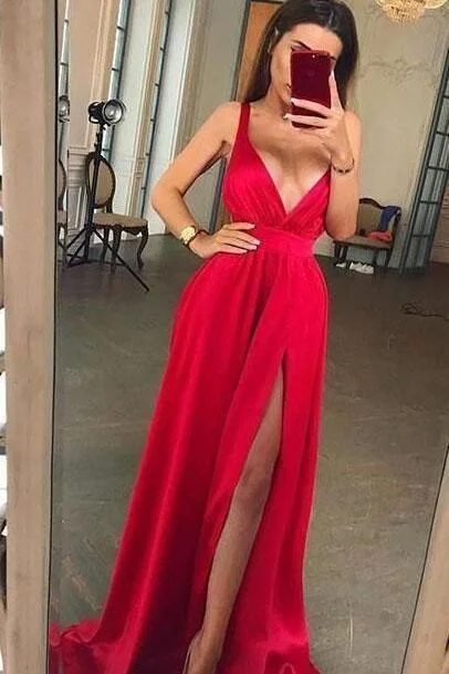 Sexy Chiffon Long Red Prom Dresses Long V Neck Evening Party Dress with Split Slit Tunics Fall fleece Sexy Chiffon Long Red Prom Dresses Long V Neck Evening Party Dress with Split Slit Tunics Fall fleece