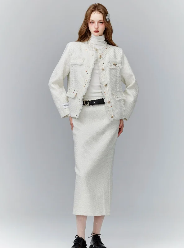 Elegant Ivory Tweed Set: Cropped Boucle Jacket & High-Waisted Midi Pencil Skirt Wool Jacket Cashmere Jacket Tweed Jacket Elegant Ivory Tweed Set: Cropped Boucle Jacket & High-Waisted Midi Pencil Skirt Wool Jacket Cashmere Jacket Tweed Jacket