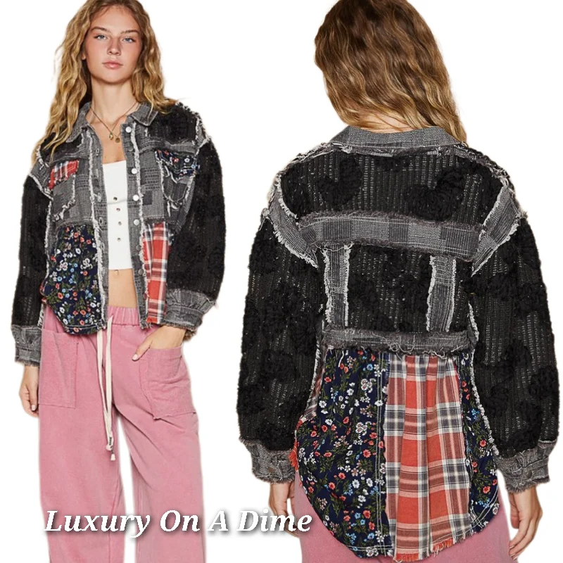 POL Crochet Knit Boho Jacket Retro Floral Farmhouse Plaid Patchwork Collar Button-up Herringbone Jacket Houndstooth Jacket Plaid Jacket