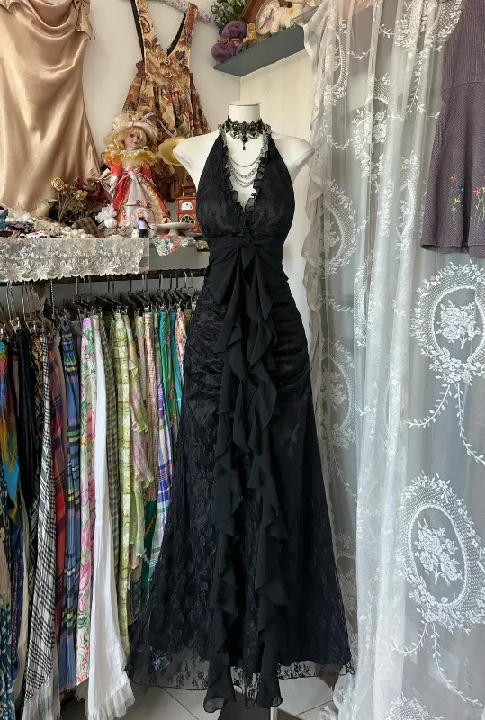 Black V Neck Halter Ruffles Vintage Long Party Dress Formal Evening Gown, DP4546 Tunics Formal black Black V Neck Halter Ruffles Vintage Long Party Dress Formal Evening Gown, DP4546 Tunics Formal black