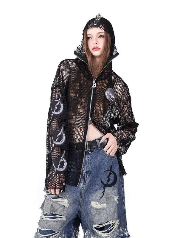 PINKSPINK Gothic Moon Mesh Jacket - Black Fleece Fabric Down Fabric Feather Fabric