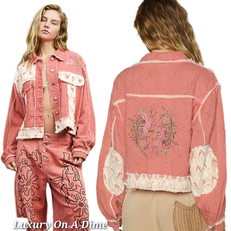 POL Peace Embroidered Floral Crochet Knit Patchwork Boho Button-up Jacket Chenille Jacket Brocade Jacket Lace Jacket