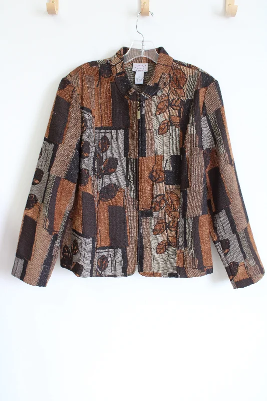 Renaissance Leaf Patterned Textured Brown Zip Up Jacket | XL Tiered Jacket Buttoned Jacket Zippered Jacket Renaissance Leaf Patterned Textured Brown Zip Up Jacket | XL Tiered Jacket Buttoned Jacket Zippered Jacket