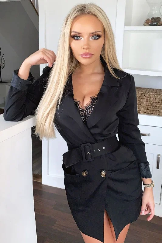 Black Button Front Belted Blazer Dress - Justyne Women's Radiation Jacket