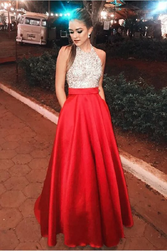 Sparkly Open Back Halter Beading Red Long Prom Dresses with Pockets Party Dresses Tunics Brand named Sparkly Open Back Halter Beading Red Long Prom Dresses with Pockets Party Dresses Tunics Brand named