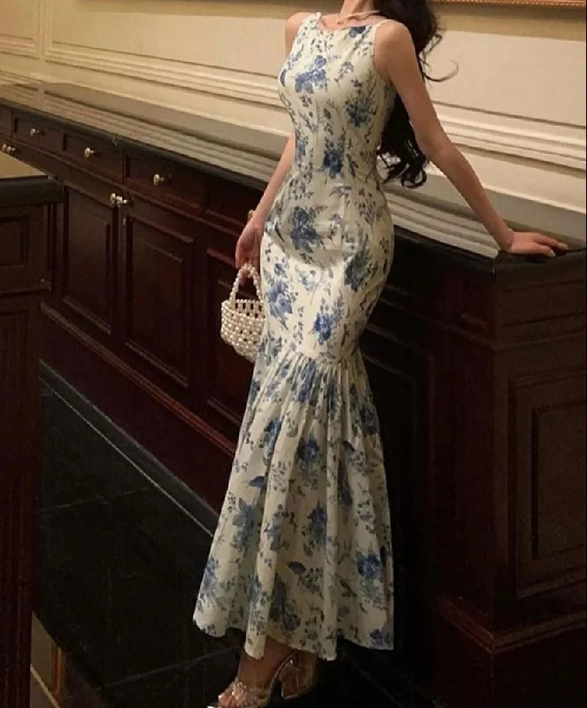 Elegant Printed Sleeveless Vintage Long Party Dress Evening Dress, DP4444 Tunics Fashionable trendy