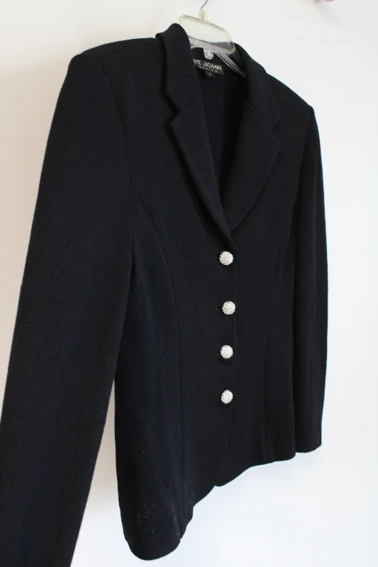 St. John Basics Black Knit Blazer Jacket | 8 Tailored Jacket Straight Jacket A-Line Jacket St. John Basics Black Knit Blazer Jacket | 8 Tailored Jacket Straight Jacket A-Line Jacket