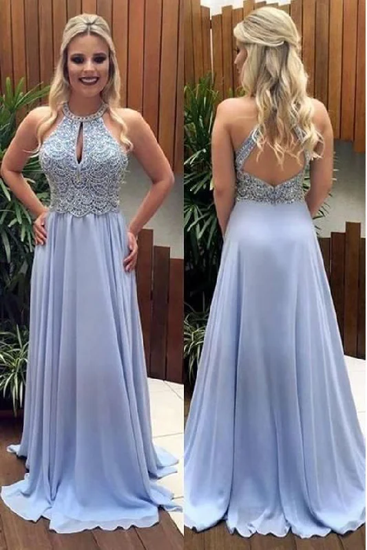 Fashion Open Back Lilac Chiffon Beaded Halter Long Prom Dresses Formal Evening Party Dress Lace Sexy Club Fashion Open Back Lilac Chiffon Beaded Halter Long Prom Dresses Formal Evening Party Dress Lace Sexy Club