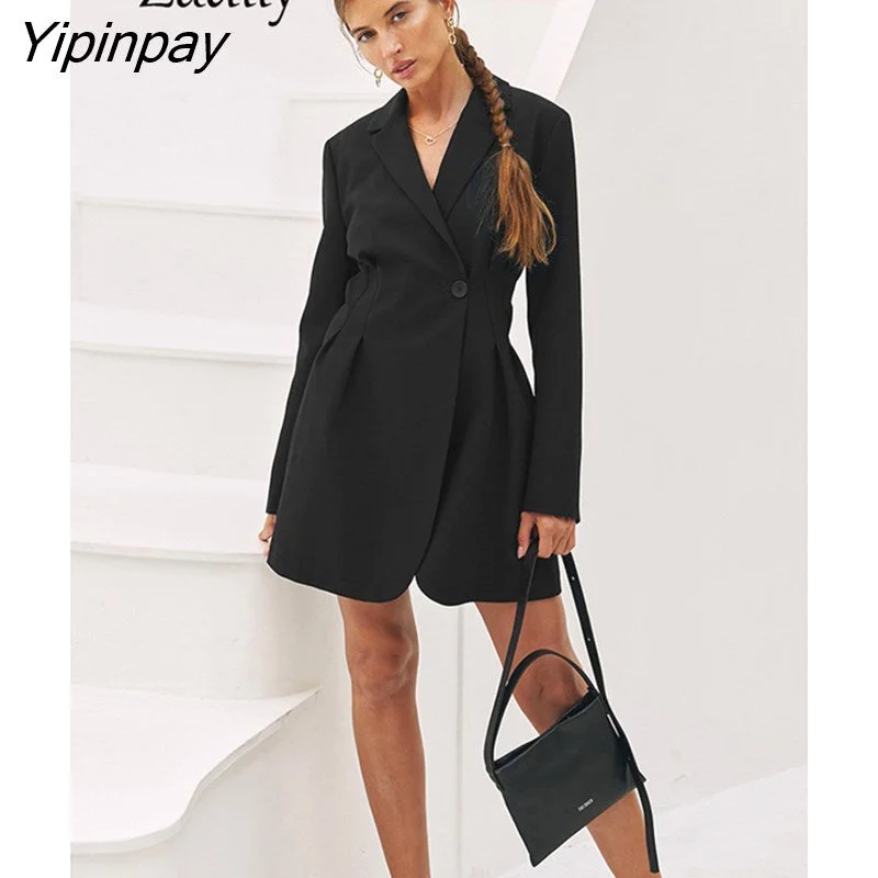 Yipinpay 2023 Spring New Office Lady Long Sleeve Women Blazer Dress Elegant Solid Color Slim Waist Button Black Woman Dresses Women's Unique Blazer Yipinpay 2023 Spring New Office Lady Long Sleeve Women Blazer Dress Elegant Solid Color Slim Waist Button Black Woman Dresses Women's Unique Blazer