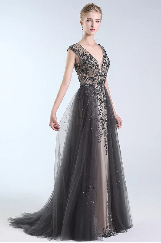 Sparkle Backless V Neck Grey Tulle Crystal Long Formal Prom Dresses Evening Party Dress Tunics Party sparkling Sparkle Backless V Neck Grey Tulle Crystal Long Formal Prom Dresses Evening Party Dress Tunics Party sparkling