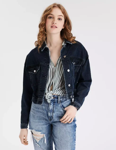 AE CROPPED DARK WASH DENIM JACKET Satin Jacket Silk Jacket Chiffon Jacket