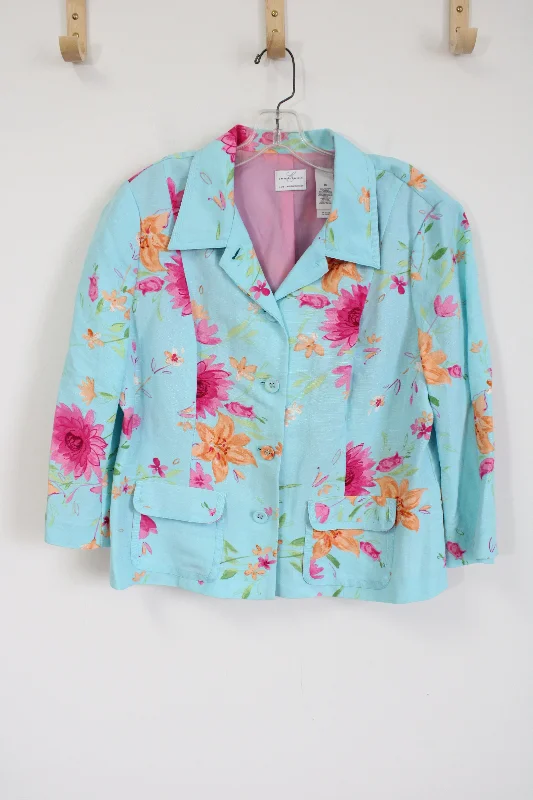 Emma James Liz Claiborne Linen Blend Blue Floral Light Jacket | 16 Bomber Jacket Anorak Windbreaker