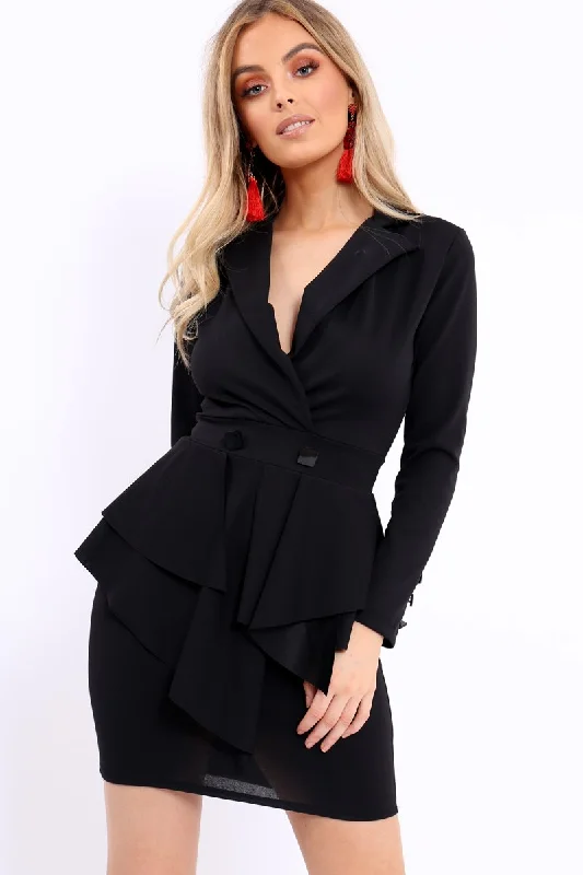 Black Asymmetrical Front Detail Fitted Blazer Dress - Audrey Women's Short Blazer