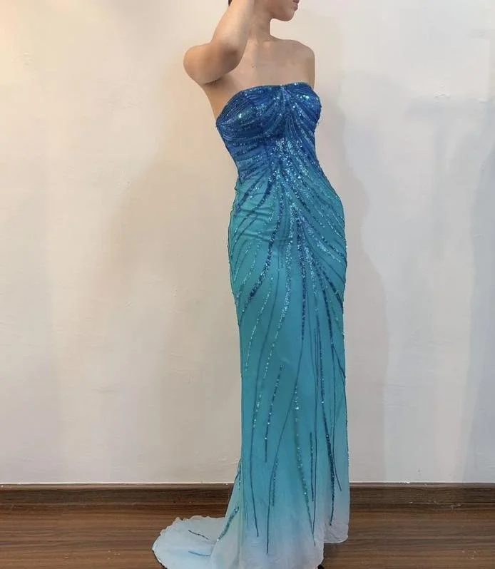 Blue Strapless Mermaid Sequins Vintage Long Party Dress, DP3987 Crew Neckline Casual