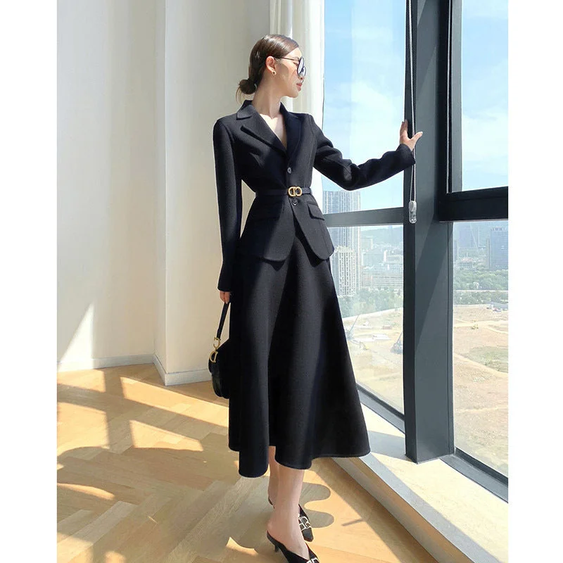 Luxury Woolen Blazer Top & Skirts Sets for Women Women's Casual Suit