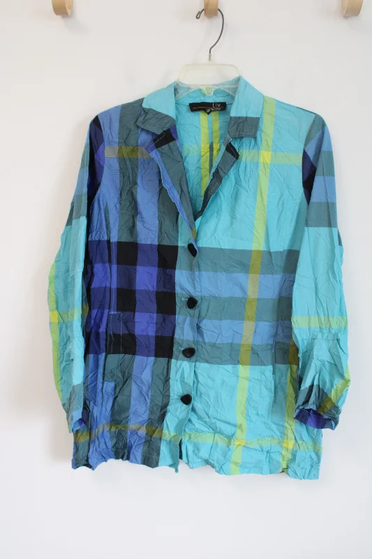 NEW Liv Blue & Green Plaid Windbreaker Jacket | XS Knit Jacket Woven Jacket Fleece Jacket NEW Liv Blue & Green Plaid Windbreaker Jacket | XS Knit Jacket Woven Jacket Fleece Jacket