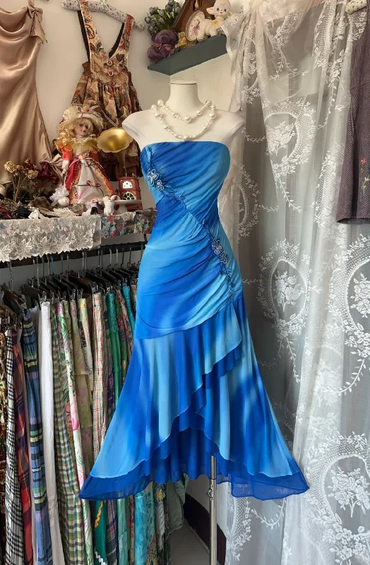 Blue Gradient Strapless Ruffles Vintage Long Party Dress Formal Evening Gown, DP4556 Tunics Polka dots Blue Gradient Strapless Ruffles Vintage Long Party Dress Formal Evening Gown, DP4556 Tunics Polka dots