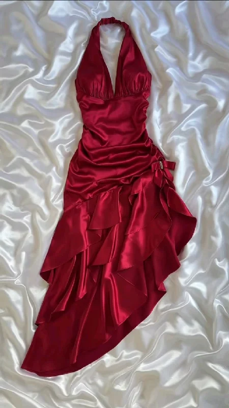 Vintage Wine Red Halter Satin Long Evening Party Dress Birthday Outfits, DP4389 Tunics Practical easy-care