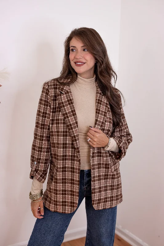 Coffee Dates Brown Plaid Blazer Women's Daily Blazer