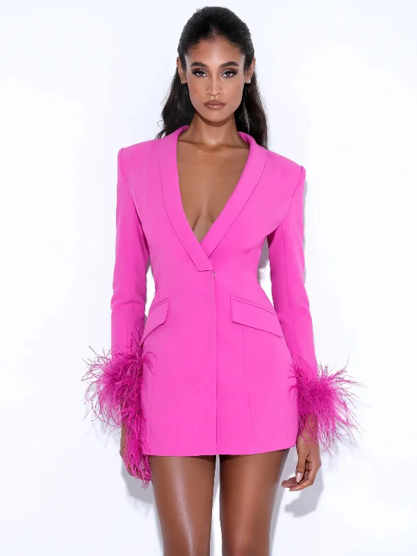 Madeline Fuchsia Feather Trim Blazer Dress Women's Vacation Suit