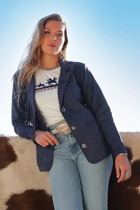 Cruel Girl Women's Navy Blazer with Concho Buttons & Fringe Detail Women's Trendy Blazer