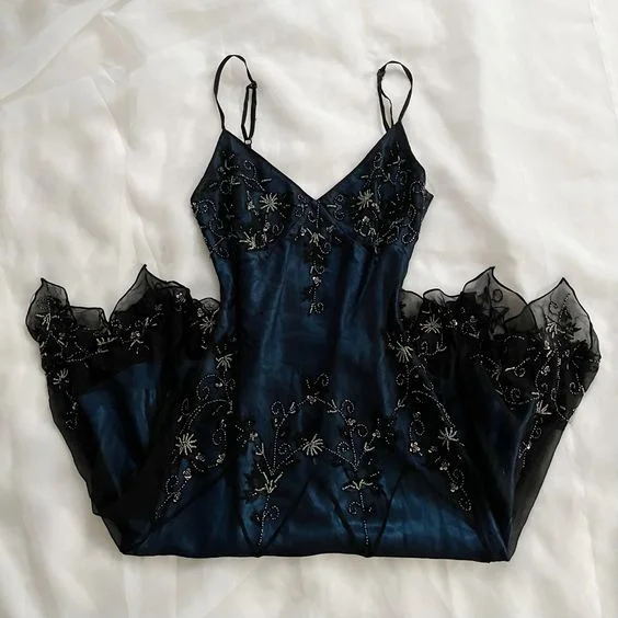 Vintage Navy Straps Beading Chiffon Long Party Dress, DP4313 Pencil Length Work