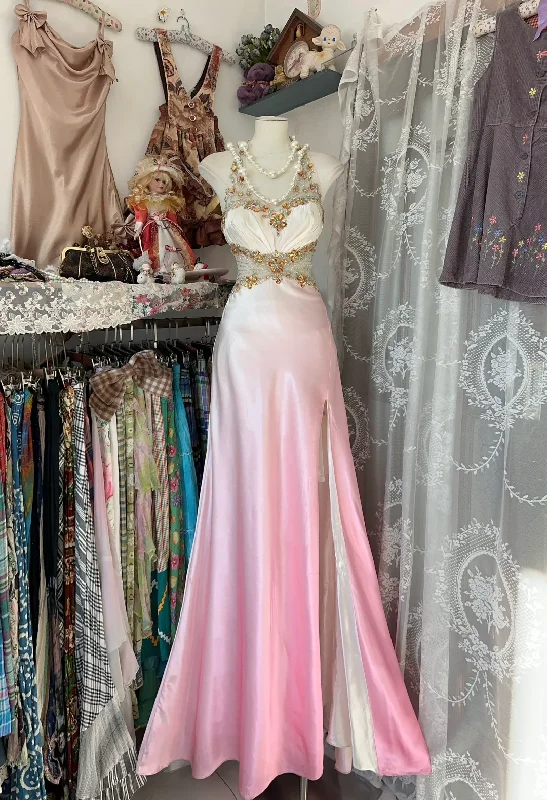 Ombre Pink Halter Beading A-Line Satin Vintage Long Party Dress, DP4461 Tunics Trendy modern Ombre Pink Halter Beading A-Line Satin Vintage Long Party Dress, DP4461 Tunics Trendy modern