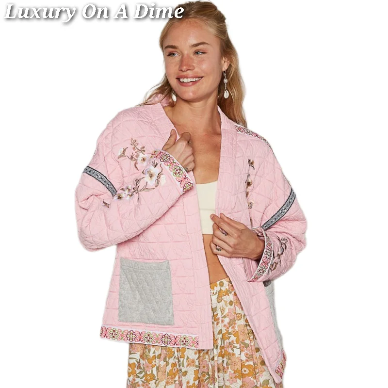 POL Quilted Granny Floral Embroidered Patchwork Oversized Pocket Bohemian Jacket Fleece Fabric Down Fabric Feather Fabric