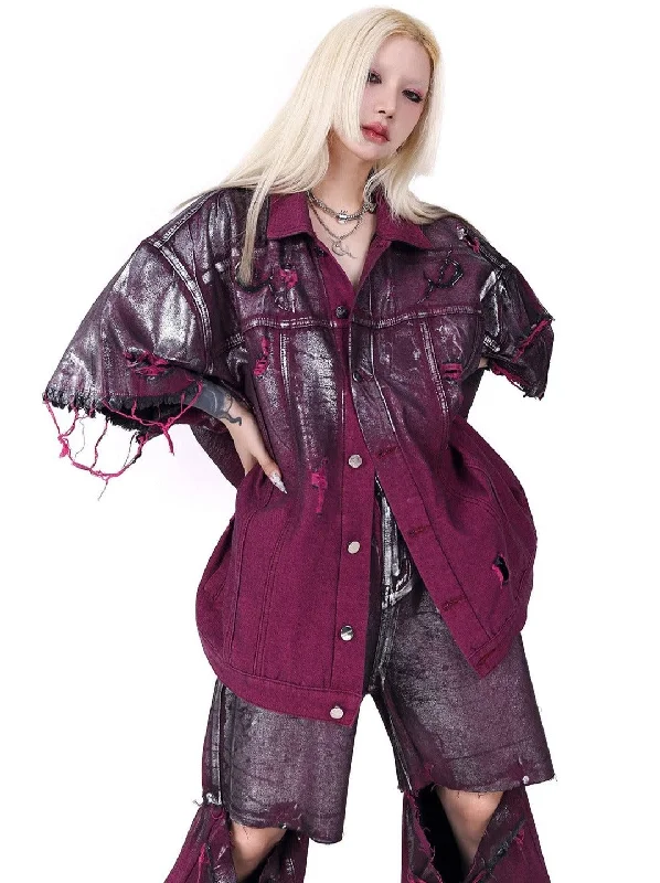 PINKSPINK Distressed Denim Jacket - Metallic Purple Satin Jacket Silk Jacket Chiffon Jacket PINKSPINK Distressed Denim Jacket - Metallic Purple Satin Jacket Silk Jacket Chiffon Jacket