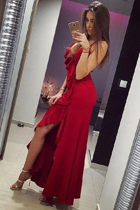 Mermaid Spaghetti Straps Red Satin Prom Dresses with Ruffles Long Party Dress Tunics Review highly Mermaid Spaghetti Straps Red Satin Prom Dresses with Ruffles Long Party Dress Tunics Review highly