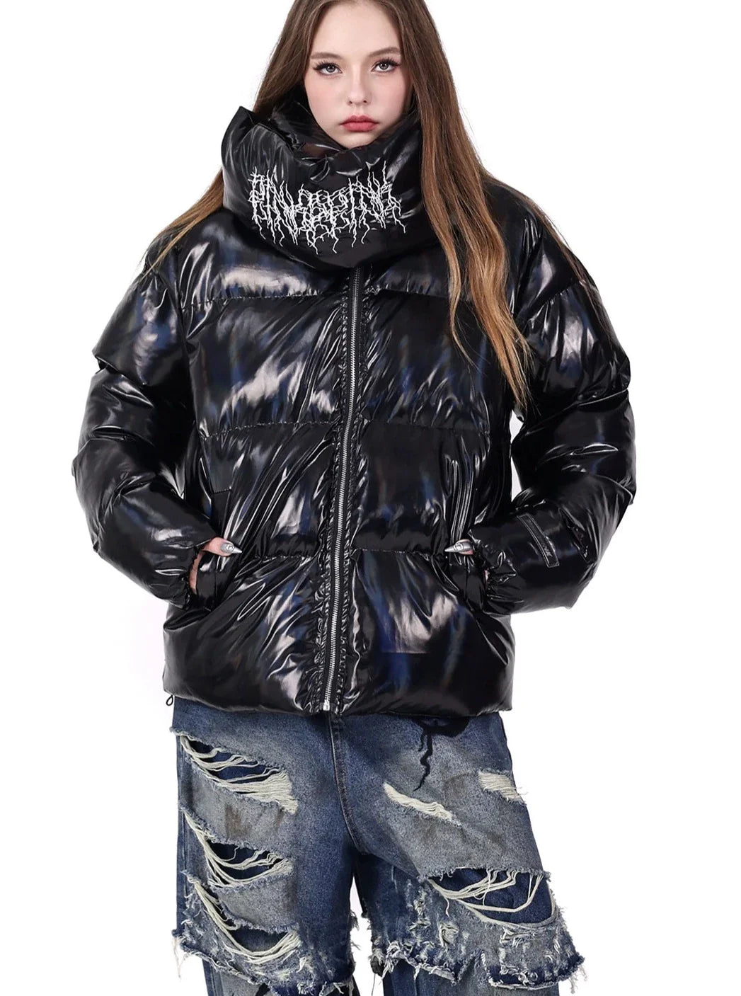 PINKSPINK Metal Logo Puffer Jacket - Black and White Rayon Fabric Velvet Fabric Corduroy Fabric PINKSPINK Metal Logo Puffer Jacket - Black and White Rayon Fabric Velvet Fabric Corduroy Fabric