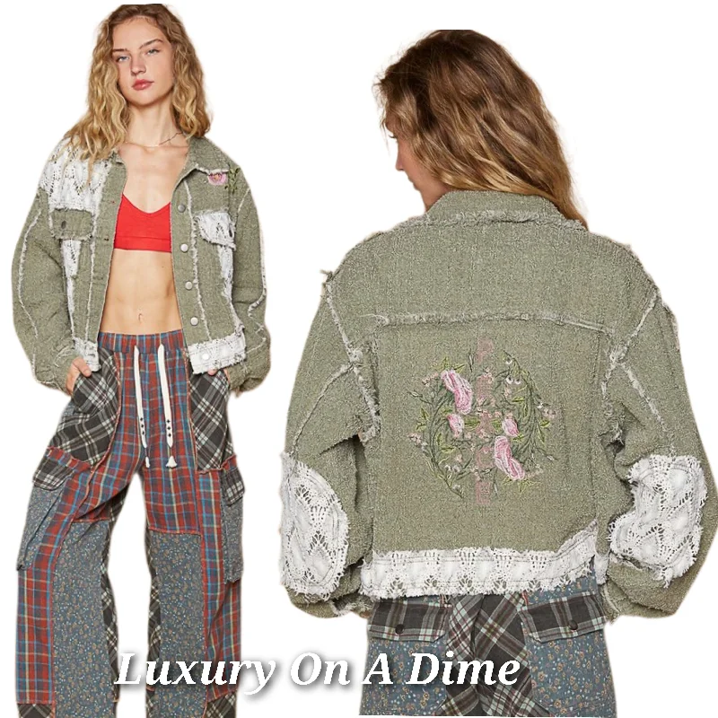 POL Peace Embroidered Floral Crochet Knit Frayed Patchwork Boho Button-up Jacket Denim Jacket Leather Jacket Suede Jacket POL Peace Embroidered Floral Crochet Knit Frayed Patchwork Boho Button-up Jacket Denim Jacket Leather Jacket Suede Jacket