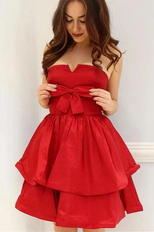 Red A-Line Strapless Bowknot Short Prom Dress Satin Party Dress Homecoming Dresses Tunics Spring floral Red A-Line Strapless Bowknot Short Prom Dress Satin Party Dress Homecoming Dresses Tunics Spring floral