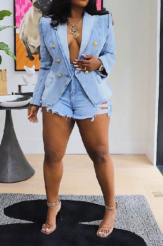 Gradient Denim Pretty Peak Lapel Blazer Women's Classic Suit