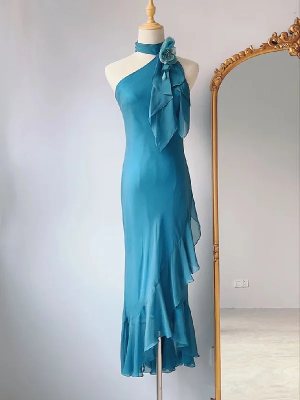 Blue Halter Neck Sheath Ruffles Chiffon Vintage Long Party Dress, DP4390 Tunics Cozy soft