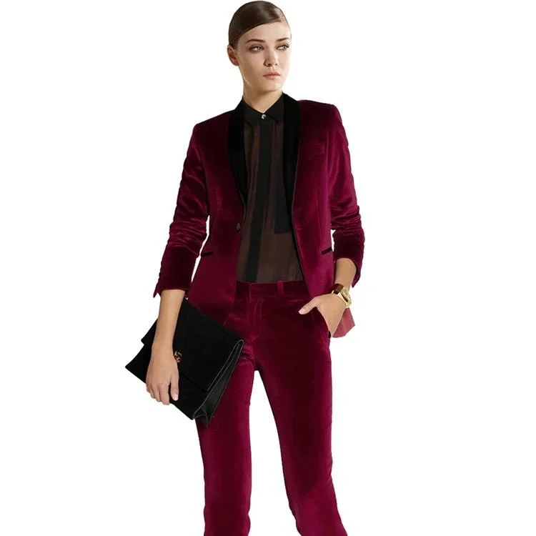Wine Red Elegant Tuxedo Blazer with Black Lapel Women's Luxurious Suit