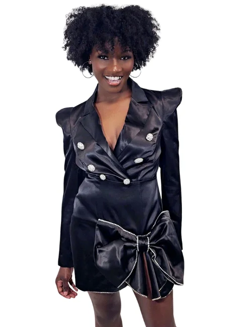 Black Stoned Bow Blazer Dress Women's Premium Blazer