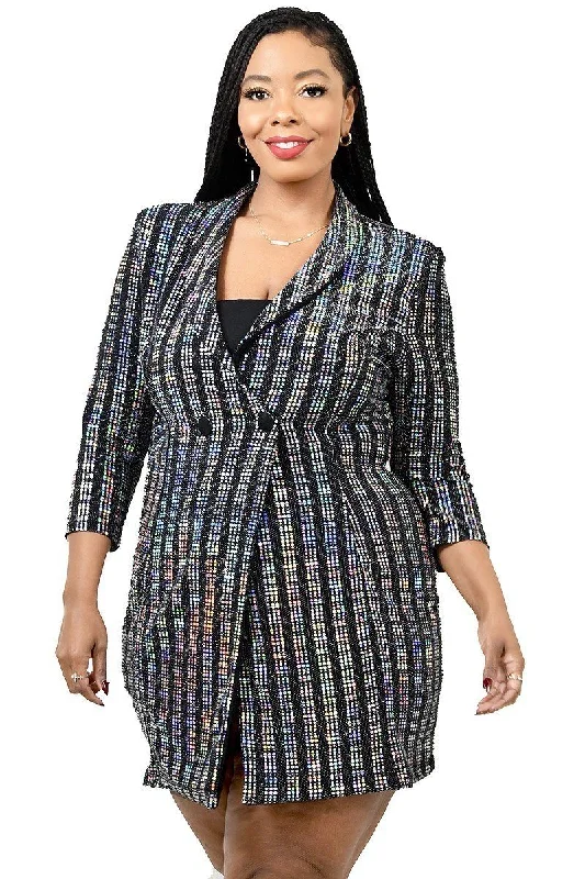 Plus Metallic Stripe Jacket Dress Zippered Front Buttoned Front Snap Front