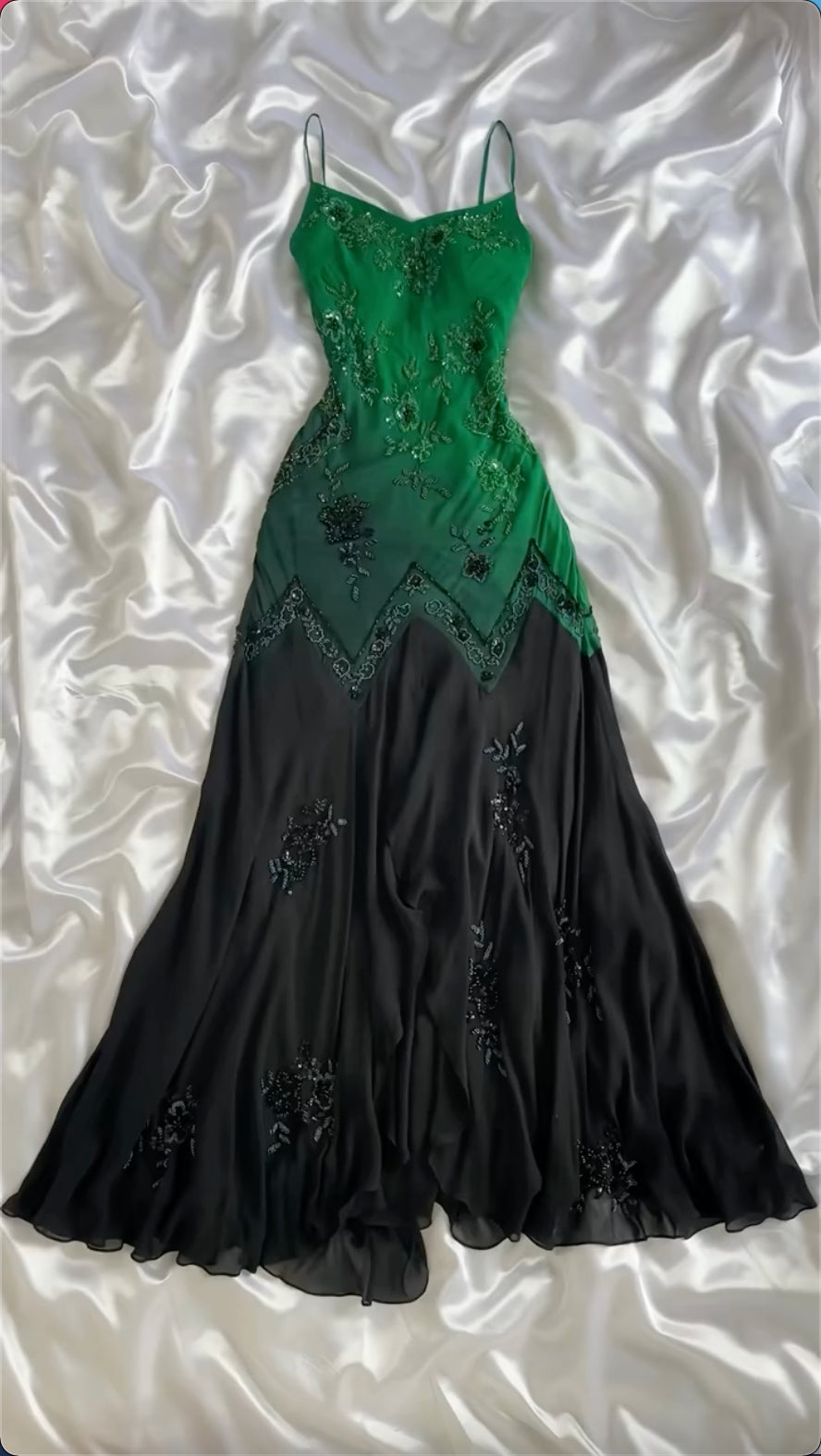 Green Spaghetti Straps Beading Vintage Long Party Dress, DP4189 empire Waist empire