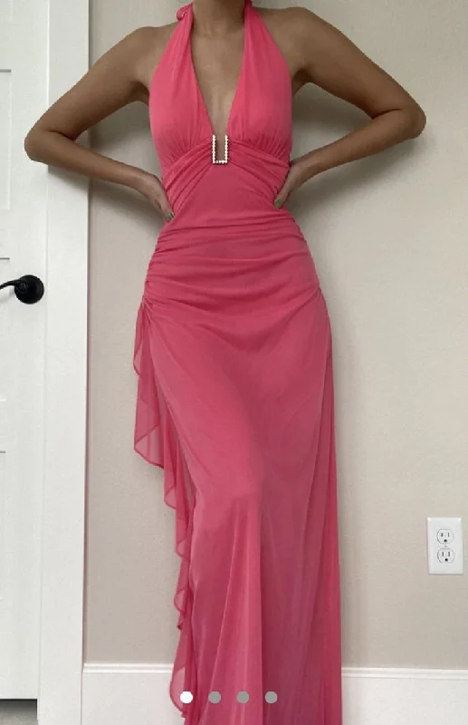 Pink V Neck Halter Vintage Long Party Dress Formal Evening Dress, DP4609 Tunics Cozy comfortable Pink V Neck Halter Vintage Long Party Dress Formal Evening Dress, DP4609 Tunics Cozy comfortable