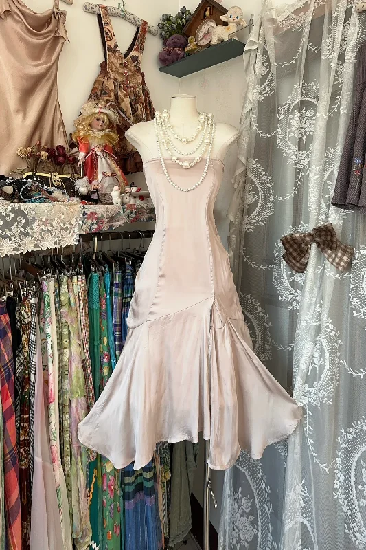 Light Pink Strapless A-Line Satin Midi Length Vintage Party Dress, DP4459 Tunics Luxurious premium