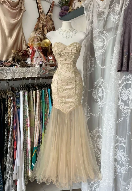 Champagne Sweetheart Mermaid Tulle Vintage Long Party Dress Evening Gown, DP4597 Tunics Chic elegant Champagne Sweetheart Mermaid Tulle Vintage Long Party Dress Evening Gown, DP4597 Tunics Chic elegant