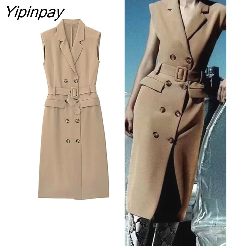 Yipinpay Elegant Women Blazer Dresses With Belt 2023 Autumn Solid Notched Office Lady Dresses Sleeveless Double Breasted Vestidos Women's Elegant Suit Yipinpay Elegant Women Blazer Dresses With Belt 2023 Autumn Solid Notched Office Lady Dresses Sleeveless Double Breasted Vestidos Women's Elegant Suit